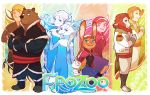  2016 anthro blonde_hair blue_eyes border bovid brown_body brown_fur burnrice8 canid canine caprine clothed clothing crossed_arms crossover disney dress food fox frozen_(movie) fully_clothed fur group hair human lagomorph leporid mammal popsicle princess_anna_(frozen) queen_elsa_(frozen) rabbit sheep standing ursid white_body white_border white_fur zootopia 