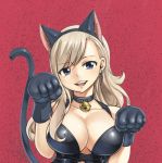  1girl :d animal_ears bangs bell bell_collar black_gloves black_hairband blue_eyes breasts cat_ears cat_tail cleavage collar collarbone earrings eden&#039;s_zero eyebrows_visible_through_hair fake_animal_ears gloves hairband head_tilt jewelry large_breasts long_hair looking_at_viewer mashima_hiro open_mouth paw_gloves paws rebecca_(eden&#039;s_zero) red_background shiny shiny_hair silver_hair smile solo swept_bangs tail upper_body 