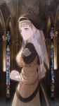  1girl beret black_headwear blonde_hair blue_eyes blurry blurry_background breasts church cowboy_shot dress earrings fire_emblem fire_emblem:_three_houses hands_clasped hands_together hat jewelry lips long_sleeves medium_breasts mercedes_von_martritz moai_(aoh) own_hands_together short_hair smile solo stained_glass standing veil 