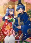  1boy 1girl alternate_costume blue_hair caeda_(fire_emblem) closed_eyes closed_mouth company_name copyright_name fan fire_emblem fire_emblem:_mystery_of_the_emblem fire_emblem_cipher flower hair_ornament holding japanese_clothes kei_s01 long_hair long_sleeves marth_(fire_emblem) official_art open_mouth paper_fan petals short_hair smile wide_sleeves 
