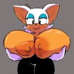  1:1 2020 anthro areola big_breasts bodily_fluids breasts chiropteran clothing female fupoo fur huge_breasts lactating mammal nipples rouge_the_bat simple_background solo sonic_the_hedgehog_(series) white_body white_fur wide_hips 