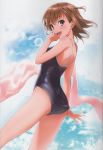  1girl absurdres adjusting_clothes adjusting_swimsuit ass bare_shoulders blue_sky blue_swimsuit blush breasts brown_eyes brown_hair cloud competition_school_swimsuit day eyebrows_visible_through_hair from_behind hair_ornament highres huge_filesize looking_at_viewer looking_back misaka_mikoto one-piece_swimsuit open_mouth outdoors puma_(hyuma1219) scan school_swimsuit shiny shiny_skin short_hair sky smile solo spiked_hair standing swimsuit teeth to_aru_majutsu_no_index towel 