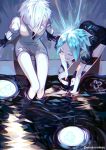  2others androgynous antarcticite aqua_hair artist_name bangs black_clothes black_gloves black_neckwear blue_hair blue_nails closed_eyes closed_mouth colored_eyelashes crystal_hair english_commentary from_above gem_uniform_(houseki_no_kuni) gloves hair_over_one_eye highres houseki_no_kuni in_water liquid multiple_others nail_polish necktie neckwear open_mouth pale_skin parted_bangs phosphophyllite short_hair short_sleeves shorts sitting smile sparkle spoilers talking twitter_username water white_hair white_skin yamikio 