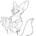  1:1 anthro black_and_white canid canine cheek_tuft clothed clothing disney facial_tuft fox grin hi_res mammal monochrome necktie nick_wilde red_fox secoh2000 shirt simple_background sketch smile solo teeth topwear tuft white_background zootopia 