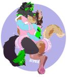  2020 anthro brown_hair canid canine clothed clothing couple_(disambiguation) diaper digital_media_(artwork) duo ear_piercing eyes_closed female fur green_body green_fur green_hair green_nose hair hug male mammal piercing pink_clothing pink_nose seamen simple_background smile sweater topwear 