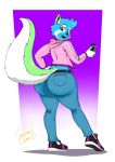  2020 anthro big_butt blue_body blue_fur bottomwear butt canid canine canis clothed clothing crazybluedog.exe_(artist) domestic_dog fully_clothed fur girly green_body green_eyes green_fur hi_res hoodie husky invalid_color jeans mammal markings nordic_sled_dog pants phone spitz thick_thighs topwear wide_hips 