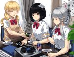  3girls bangs black_hair blonde_hair blunt_bangs bob_cut bow bowtie closed_eyes cup energy_drink flower hair_flower hair_ornament hair_rings highres indoors keyboard_(computer) maremay0513 monster_energy multiple_girls original phonograph pouring red_neckwear saucer school_uniform scrunchie short_sleeves sidelocks silver_hair sitting sweater_vest table tablet_pc teacup turntable twintails yellow_eyes 