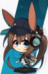  1girl 7:08 absurdres alternate_costume amiya_(arknights) animal_ears arknights bag bangs baseball_cap blue_eyes boots brown_hair bunny_ears chibi eyebrows_visible_through_hair hat headphones headphones_over_headwear highres holding holding_bag long_hair long_sleeves looking_at_viewer magazine open_eyes open_mouth socks solo stand triangle_mouth 