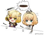  2girls :d arm_up bangs black_gloves black_ribbon black_shirt blazer blonde_hair blue_eyes blush breastplate chair charlotte_(shironeko_project) chibi closed_mouth collared_shirt commentary_request crossover cup drinking_glass eyebrows_visible_through_hair fang flying_sweatdrops food fork gloves gochuumon_wa_usagi_desu_ka? green_eyes hair_ribbon hands_on_own_stomach heterochromia holding holding_fork holding_knife hungry jacket kirima_sharo knife miicha multiple_girls necktie on_chair open_mouth outstretched_arm pauldrons plaid_neckwear red_eyes ribbon school_uniform shironeko_project shirt sitting smile spoken_food steak stomach_growling tedeza_rize&#039;s_school_uniform twitter_username v-shaped_eyebrows white_background white_jacket 