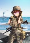  1girl assault_rifle blurry blurry_background brown_hair camouflage commentary day gloves gun hat korea kws lighthouse load_bearing_vest military military_uniform ocean original outdoors purple_eyes rifle solo uniform weapon weapon_request 