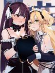  2girls :t admiral_hipper_(azur_lane) ahoge alternate_costume bangs blonde_hair blush breasts choker clipboard crossover dress elbow_gloves enmaided eyebrows_visible_through_hair flying_sweatdrops girls_frontline gloves green_eyes hair_between_eyes hair_ribbon holding holding_clipboard holding_pen large_breasts long_hair looking_at_viewer maid maid_headdress mania_(fd6060_60) multiple_girls one_side_up open_mouth pen purple_hair red_eyes ribbon sleeveless sleeveless_dress small_breasts sweatdrop two_side_up very_long_hair wa2000_(girls_frontline) wrist_cuffs 