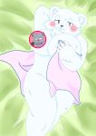  blush brooz canid canine canis censored claws creative_censorship domestic_dog fur fur_tuft hand_behind_head hi_res inner_ear_fluff ishuzoku_reviewers looking_at_viewer lying mammal on_back polar_bear smile tuft ursid ursine おびさん 