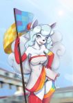  2020 alolan_vulpix anthro big_breasts blue_eyes blush breasts clothing cosplay dress fan_character female flag gloves hair hand_on_hip handwear hatsune_miku hi_res holding_object krakenparty legwear looking_at_viewer multi_tail nintendo open_mouth open_smile pok&eacute;mon pok&eacute;mon_(species) race_queen race_track regional_variant ricka_ekartsen smile solo thigh_highs video_games vocaloid 