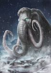  2020 detailed_background digital_media_(artwork) elephantid feral glowing glowing_eyes grey_hair hair hi_res male mammal mammoth night outside pechschwinge proboscidean snow solo 