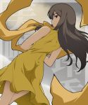  1girl bioroid_hei brown_eyes brown_hair dress dutch_angle long_hair looking_at_viewer looking_back mishima_reika rahxephon simple_background sleeveless sleeveless_dress solo standing yellow_dress 