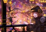  :d androgynous animal_ears backpack bag bag_charm bedroll black_headwear brown_eyes brown_hair charm_(object) cityscape fantasy flower hat hat_flower highres light long_sleeves mask open_mouth original pointing purple_eyes railing sho_(sumika) short_hair smile standing top_hat whale 