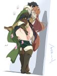  1boy 1girl animal_ears black_hair boots brown_hair brown_legwear cape closed_eyes commentary_request green_cape hetero iwatani_naofumi long_hair raccoon_ears raccoon_girl raccoon_tail raphtalia sex short_hair standing tail tate_no_yuusha_no_nariagari thighhighs umanosuke 