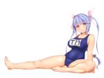  1girl bare_arms bare_legs bare_shoulders barefoot blue_hair blush breasts commentary eyebrows_visible_through_hair feet hair_ornament hair_ribbon i-19_(kantai_collection) kantai_collection large_breasts long_hair looking_at_viewer moose_(moosemitchell2) name_tag one-piece_swimsuit red_eyes ribbon school_swimsuit simple_background sitting smile solo star star-shaped_pupils swimsuit symbol-shaped_pupils tri_tails white_background 