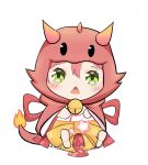  1girl alternate_costume animal_costume bell cherry_blossom_print cherry_blossoms chestnut_mouth chibi dragon_costume fiery_tail fire floral_print green_eyes hair_between_eyes highres hololive horns looking_at_viewer natsunekaede open_mouth paw_print_pattern pink_hair sakura_miko tail tears virtual_youtuber 