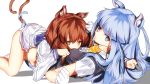  2girls all_fours animal_ear_fluff animal_ears ascot blouse blue_hair blue_sailor_collar brown_hair cat_ears cat_tail dress grey_vest hatsukaze_(kantai_collection) highres hime_cut kantai_collection kemonomimi_mode lying multiple_girls panties sailor_collar sailor_dress short_hair simple_background slit_pupils tail underwear vest west_(west_0916) white_background white_blouse white_panties yellow_eyes yellow_neckwear yukikaze_(kantai_collection) 