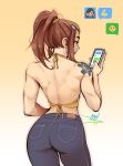  1girl ass bare_back brigitte_(overwatch) casual cellphone commentary denim earrings emoji english_commentary from_behind high_ponytail holding holding_cellphone holding_phone hoop_earrings jeans jewelry mike_nesbitt mole mole_on_body mole_under_eye muscle muscular_female no_bra overwatch pants pharah_(overwatch) phone shoulder_tattoo solo_focus standing tattoo text_messaging 