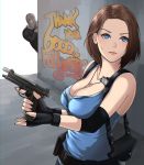  1girl belt_pouch blue_eyes breasts brown_hair chibi cleavage corner elbow_pads fingerless_gloves followers forehead gloves gun handgun hiding highres hits holding holding_gun holding_weapon holster jewelry jill_valentine large_breasts lips locked_slide magazine_(weapon) nemesis nyatokanyaru peeking_out pendant pistol pouch redesign reloading resident_evil resident_evil_3 shoulder_holster solo_focus sweatdrop thank_you trigger_discipline weapon 