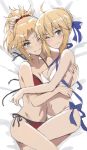  2girls absurdres ahoge artoria_pendragon_(all) artoria_pendragon_(swimsuit_archer) bangs bare_shoulders bikini blonde_hair blue_ribbon blush braid breasts cleavage closed_mouth fate/grand_order fate_(series) french_braid green_eyes hair_between_eyes hair_bun hair_ornament hair_ribbon hair_scrunchie highres hug long_hair looking_at_viewer mordred_(fate)_(all) mordred_(swimsuit_rider)_(fate) multiple_girls navel one_eye_closed parted_bangs ponytail red_bikini red_scrunchie ribbon scrunchie sidelocks small_breasts smile swimsuit thighs tonee white_bikini 