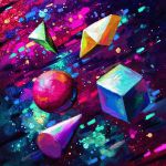  abstract commentary cone cortoony cube english_commentary floating geometry no_humans original pyramid_(geometry) space sphere star_(sky) still_life 