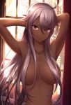  1girl armpits arms_behind_head breasts closed_mouth collarbone dark_skin eyebrows_visible_through_hair hair_between_eyes hair_over_one_eye large_breasts looking_at_viewer minami_ikkei nude original pink_hair pointy_ears red_eyes solo window 