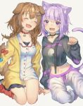  2girls animal_ear_fluff animal_ears brown_hair cat_ears cat_girl choker closed collarbone dog_ears dog_girl dog_tail eyebrows_visible_through_hair eyes fangs hololive inugami_korone komadori_ui looking_at_viewer midriff multiple_girls nekomata_okayu onigiri_print open_mouth paw_pose purple_eyes purple_hair tail virtual_youtuber 