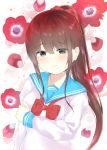  1girl 7_calpis_7 anemone_(flower) arm_grab bangs blue_sailor_collar blush bow brown_eyes brown_hair closed_mouth commentary_request crying crying_with_eyes_open eyebrows_visible_through_hair floral_background flower hair_between_eyes hair_bow highres long_hair long_sleeves looking_at_viewer original petals ponytail red_bow red_flower sailor_collar school_uniform serafuku shirt sidelocks sleeves_past_wrists solo tears upper_body very_long_hair white_shirt 