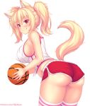  1girl animal_ear_fluff animal_ears artist_name ass ball bangs bare_shoulders basketball blonde_hair blush breasts cat_ears commentary eyebrows_visible_through_hair fast-runner-2024 highres holding holding_ball large_breasts long_hair looking_at_viewer original red_eyes red_shorts shirt short_shorts shorts sleeveless sleeveless_shirt slit_pupils smile solo striped striped_legwear tail thighhighs tiffy_(fast-runner-2024) watermark web_address white_shirt 