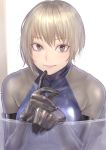  1girl blonde_hair blush finger_to_chin grey_eyes hair_between_eyes highres kilye_4421 lips looking_at_viewer original short_hair skin_tight smile solo 