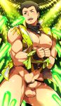  1boy aopanda bar_censor bara bound bound_wrists brown_hair censored erection glowstick highres idol_clothes idolmaster idolmaster_side-m looking_to_the_side male_focus one_eye_closed open_mouth penis perineum pubic_hair purple_eyes shingen_seiji solo_focus testicles 