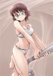  1girl bangs barefoot bra breasts brown_background brown_eyes brown_hair collarbone eyebrows_visible_through_hair glasses highres holding hunter_x_hunter light_frown looking_at_viewer medium_breasts ogry_ching panties shizuku_(hunter_x_hunter) short_hair solo spider_tattoo underwear underwear_only vacuum_cleaner white_bra white_panties 