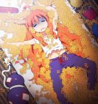  1girl arms_up bangs bare_arms bare_shoulders closed_eyes commentary_request feet_out_of_frame gourd hair_between_eyes horns ibuki_suika lying midriff navel on_back oni oni_horns orange_hair pale_face pants purple_pants setsubun shirosato shirt sleeveless sleeveless_shirt solo sweat touhou white_shirt 