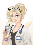  1girl alternate_costume alternate_hair_length alternate_hairstyle alternate_wings bespectacled black-framed_eyewear blonde_hair blue_eyes coffee_cup cup disposable_cup drinking_straw english_text eyewear_on_head frappuccino glasses hair_bun hair_ornament hairclip holding holding_cup labcoat lips mercy_(overwatch) mike_nesbitt mini_wings nail_polish name_tag overwatch semi-rimless_eyewear solo starbucks stethoscope typo under-rim_eyewear wings yellow_nails 