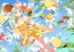  aqua_eyes aqua_hair bow breasts cleavage clouds dress food fruit garter hat hatsune_miku leaves long_hair monmon511401 orange_(fruit) ribbons sky strawberry summer_dress swim_ring twintails vocaloid watermelon 