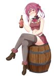  1girl bare_shoulders barrel black_legwear blush bottle buttons character_name cravat drink full_body hair_ornament heterochromia high_heels highres holding holding_bottle holding_drink hololive houshou_marine liquor looking_at_viewer midriff miniskirt navel no_eyepatch no_hat no_headwear pink_hair red_eyes red_skirt shoes sitting skirt starkamisan teeth thighhighs twintails v-shaped_eyebrows virtual_youtuber white_background yellow_eyes 