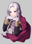  1girl cape closed_mouth commentary_request cropped_torso edelgard_von_hresvelg fire_emblem fire_emblem:_three_houses forehead fringe_trim garreg_mach_monastery_uniform gloves grey_background hair_ribbon highres long_hair long_sleeves minami_ikkei own_hands_together purple_eyes purple_ribbon red_cape ribbon school_uniform silver_hair simple_background smile solo white_gloves 