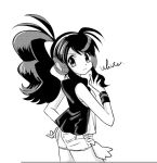  1girl ass ayateaori greyscale long_hair looking_at_viewer looking_back monochrome pokemon pokemon_special ponytail solo standing upper_body white_(pokemon) 