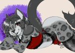  2018 4_fingers anthro ass_up big_butt biped black_body black_fur black_hair black_nose bottomwear bulge butt clothed clothing crossed_arms digital_drawing_(artwork) digital_media_(artwork) eyebrows felid fingers fluffy fluffy_tail fur girly grey_body grey_fur grey_spots hair hair_over_eye half-closed_eyes inner_ear_fluff long_tail looking_at_viewer lying male mammal multicolored_body multicolored_fur narrowed_eyes neck_tuft on_front one_eye_obstructed pantherine panties pinup pose purple_background red_bottomwear red_clothing red_eyes red_panties red_topwear red_underwear rika sarki_(character) short_hair signature simple_background smile snow_leopard solo spots spotted_body spotted_fur suggestive teeth topwear tuft underwear whiskers white_background white_body white_fur 