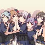  &gt;:) 5girls :&gt; :3 :d aiba_aina alternate_hairstyle aqua_hair ayasaka bang_dream! black_eyes black_hair blue_flower brown_hair chin_rest commentary_request dress flower green_eyes grey_hair group_picture hair_flower hair_ornament hand_on_another&#039;s_arm hand_on_another&#039;s_shoulder hand_up hikawa_sayo imai_lisa kudou_haruka_(seiyuu) minato_yukina multiple_girls nakashima_yuki open_mouth overskirt photo-referenced pink_flower ponytail purple_eyes purple_flower purple_hair red_eyes red_flower roselia_(bang_dream!) sakuragawa_megu seiyuu_connection shirokane_rinko shizaki_kanon short_sleeves sidelocks smile udagawa_ako 