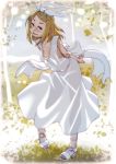  1girl blonde_hair blue_eyes blush collarbone dress hair_ornament hairclip highres kagamine_rin shoes soon vocaloid white_dress 