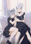 2girls anizi_(anizi9621) bangs bare_shoulders black_dress black_footwear breasts closed_eyes collarbone commentary_request covered_navel dress eyebrows_visible_through_hair g11_(girls_frontline) girls_frontline green_eyes grey_hair hair_between_eyes hair_ornament highres hk416_(girls_frontline) long_hair looking_at_viewer lying medium_breasts multiple_girls on_side shoes short_sleeves silver_hair sitting sleeveless sleeveless_dress 