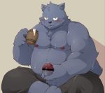  2020 anthro belly blush bottomwear brooz canid canine canis censored clothing domestic_dog erection genitals hi_res humanoid_hands humanoid_penis ishuzoku_reviewers kemono male mammal masturbation moobs nipples overweight overweight_male pants penis pomupomu490 scar solo 