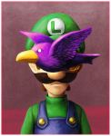  1boy bird brown_hair commentary cortoony english_commentary facial_hair fine_art_parody flying green_headwear hat highres luigi male_focus man_in_a_bowler_hat mario_(series) mustache parody 