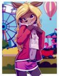  2020 5_fingers anthro attractions blonde_hair blush bottomwear carousel cervid child clothed clothing cloud cub day detailed_background digital_media_(artwork) english_text fair fangs female ferris_wheel fingers fur girly grass hair hi_res hoodie hot_air_baloon kathrina_prowler looking_at_viewer mammal outside sicmop sky smile solo standing teeth text theme_park topwear tree water_deer white_body white_fur young 