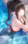  1girl ass bangs bare_shoulders black_hair blush breasts cleavage collarbone commentary_request competition_swimsuit day ear_piercing highleg highleg_swimsuit highres kfr large_breasts long_hair looking_at_viewer one-piece_swimsuit original outdoors partially_submerged piercing ponytail pool sidelocks smile solo swimsuit wet yellow_eyes 