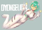  1girl ayanami_rei ayanami_rei_(cosplay) bangs bodysuit breasts cosplay eyebrows_visible_through_hair green_eyes green_hair grey_background grin hagoromo_lala jj_(ssspulse) looking_at_viewer medium_hair neon_genesis_evangelion plugsuit pointy_ears precure shiny shiny_hair simple_background small_breasts smile solo star_twinkle_precure w white_bodysuit 